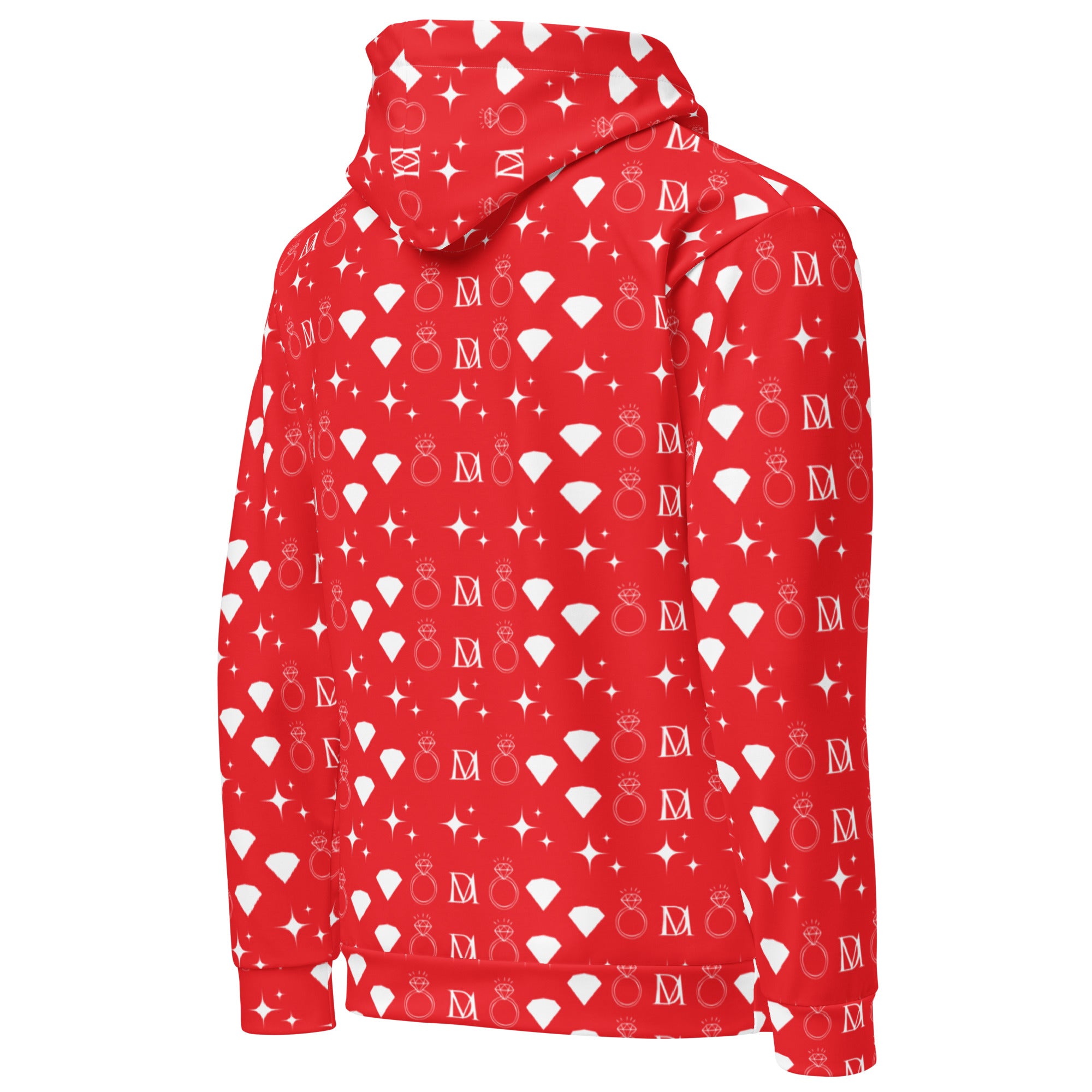 Daemon Frosted Diamonds Stardust unisex hoodie with all-over printed recycled fabric, white background, right-back view.