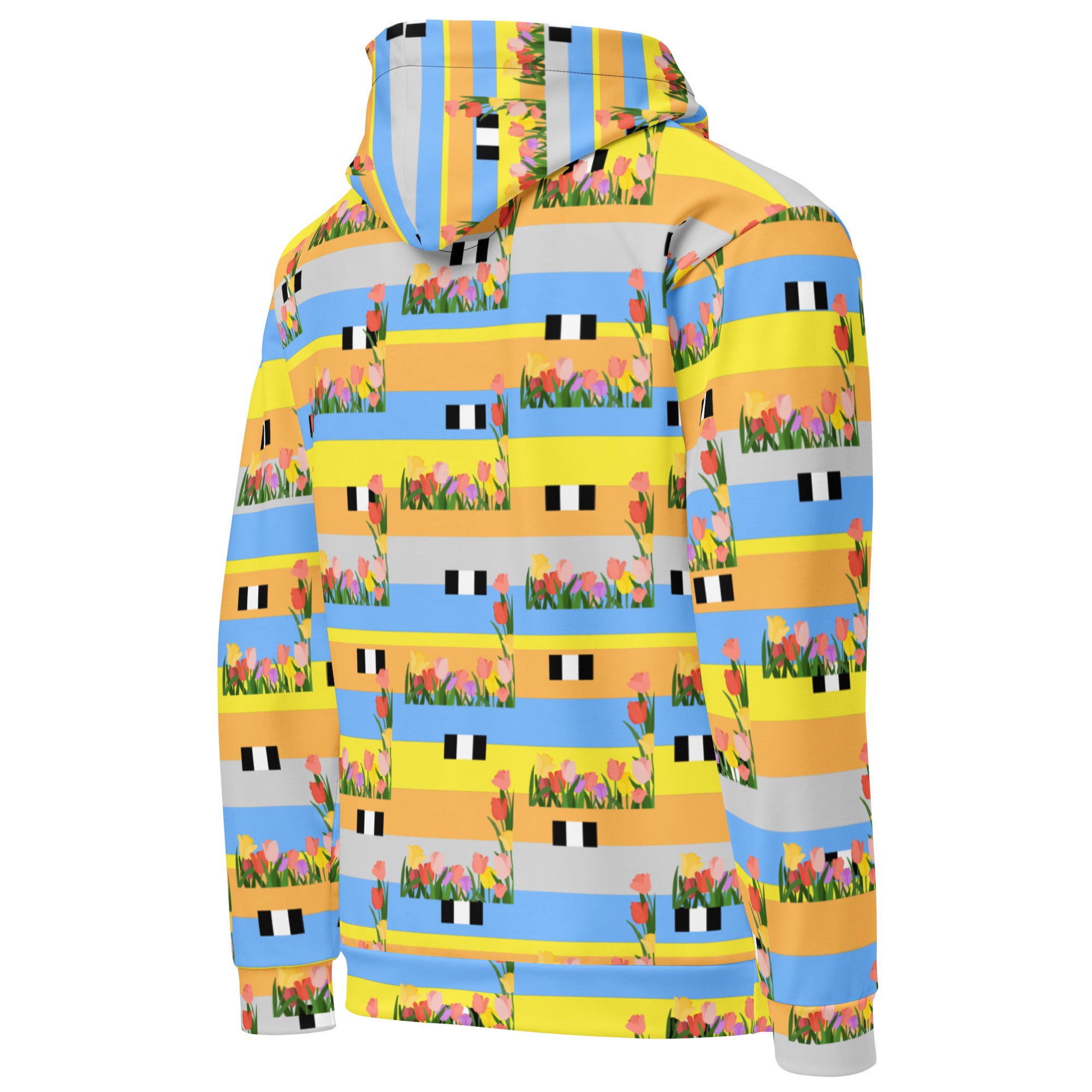 Unisex white Pacific Fire Felpa Cappuccio hoodie by Daemon Luxury with all-over printed recycled fabric, right back view.
