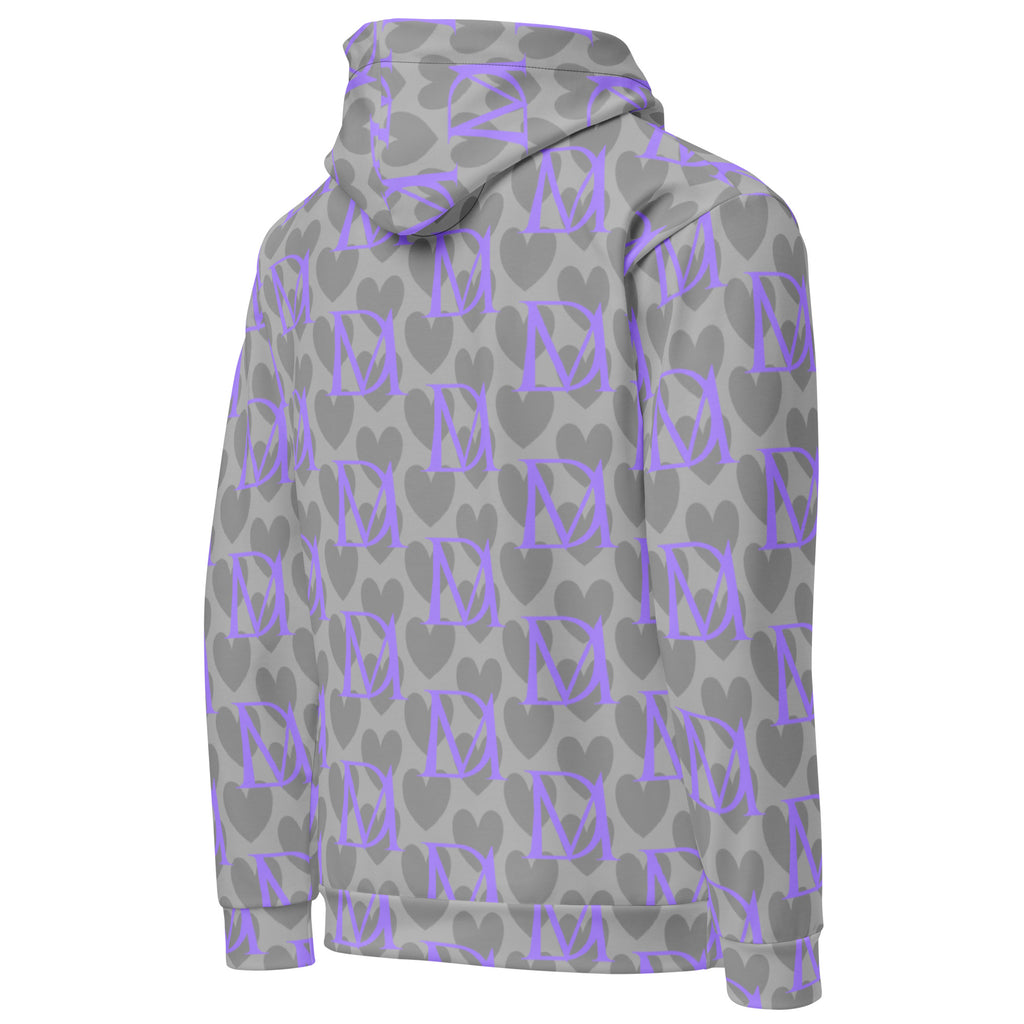 Unisex recycled hoodie in cloudy grey with all-over print, featuring a hood and casual fit from Daemon Luxury.