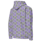 Unisex recycled hoodie in cloudy grey with all-over print, featuring a hood and casual fit from Daemon Luxury.