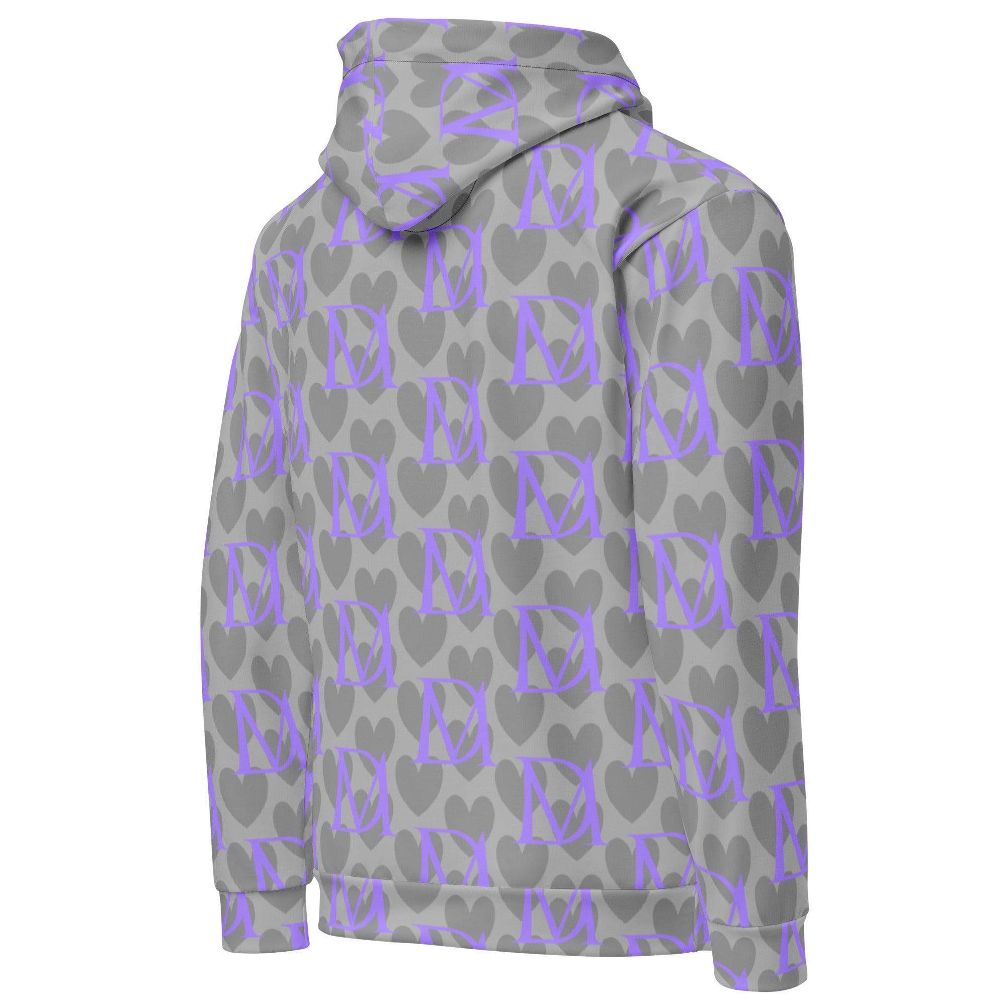 Unisex recycled hoodie in cloudy grey with all-over print, featuring a hood and casual fit from Daemon Luxury.