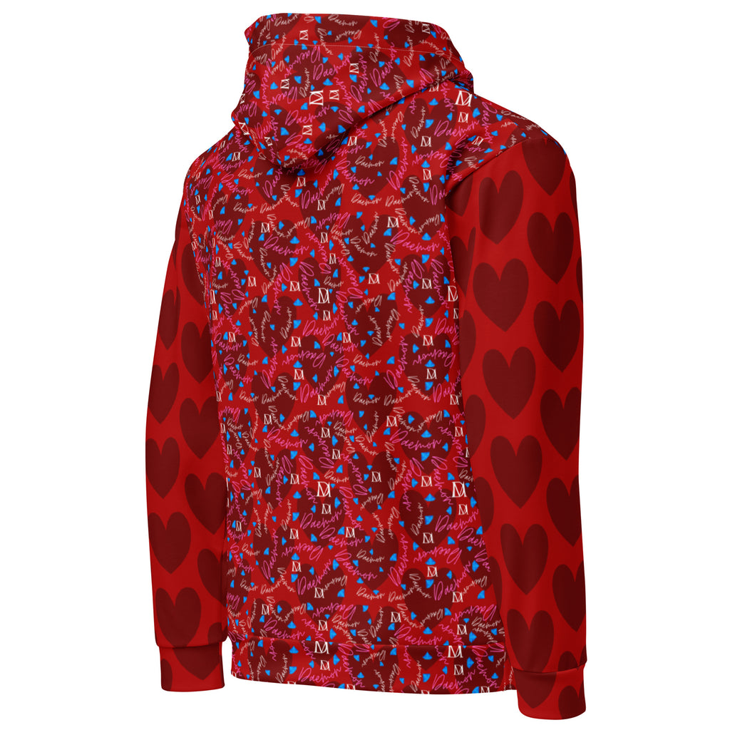 Daemon Luxury Picasso Mirrors Trail Bloods unisex hoodie with all-over print on white recycled fabric, rear view showing detailed design.