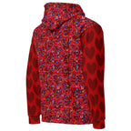 Daemon Luxury Picasso Mirrors Trail Bloods unisex hoodie with all-over print on white recycled fabric, rear view showing detailed design.