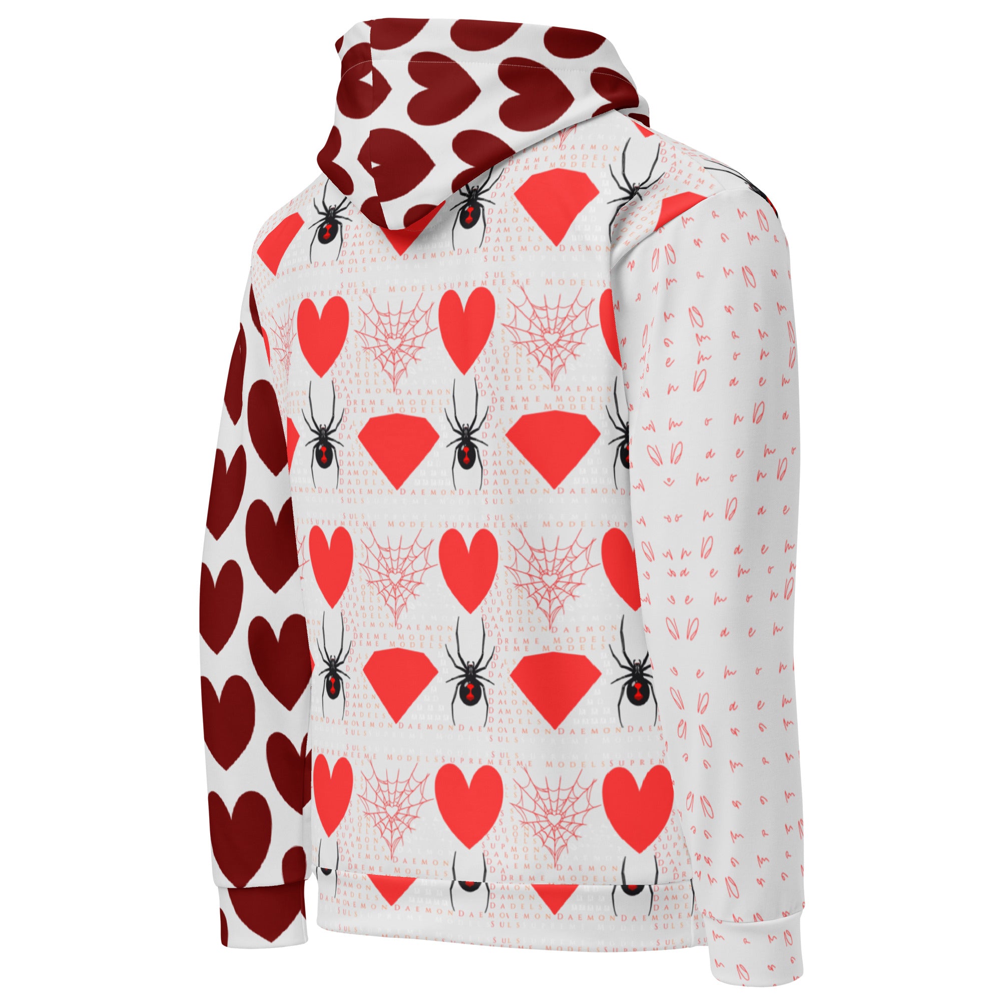 Recycled white unisex hoodie with frosted hearts print by Daemon Luxury, featuring a hood and all-over heart design on the back.