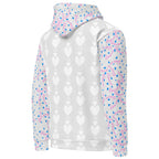 Recycled white unisex hoodie with all-over Picasso Hearts mirror print by Daemon Luxury, featuring a hood and front pocket.