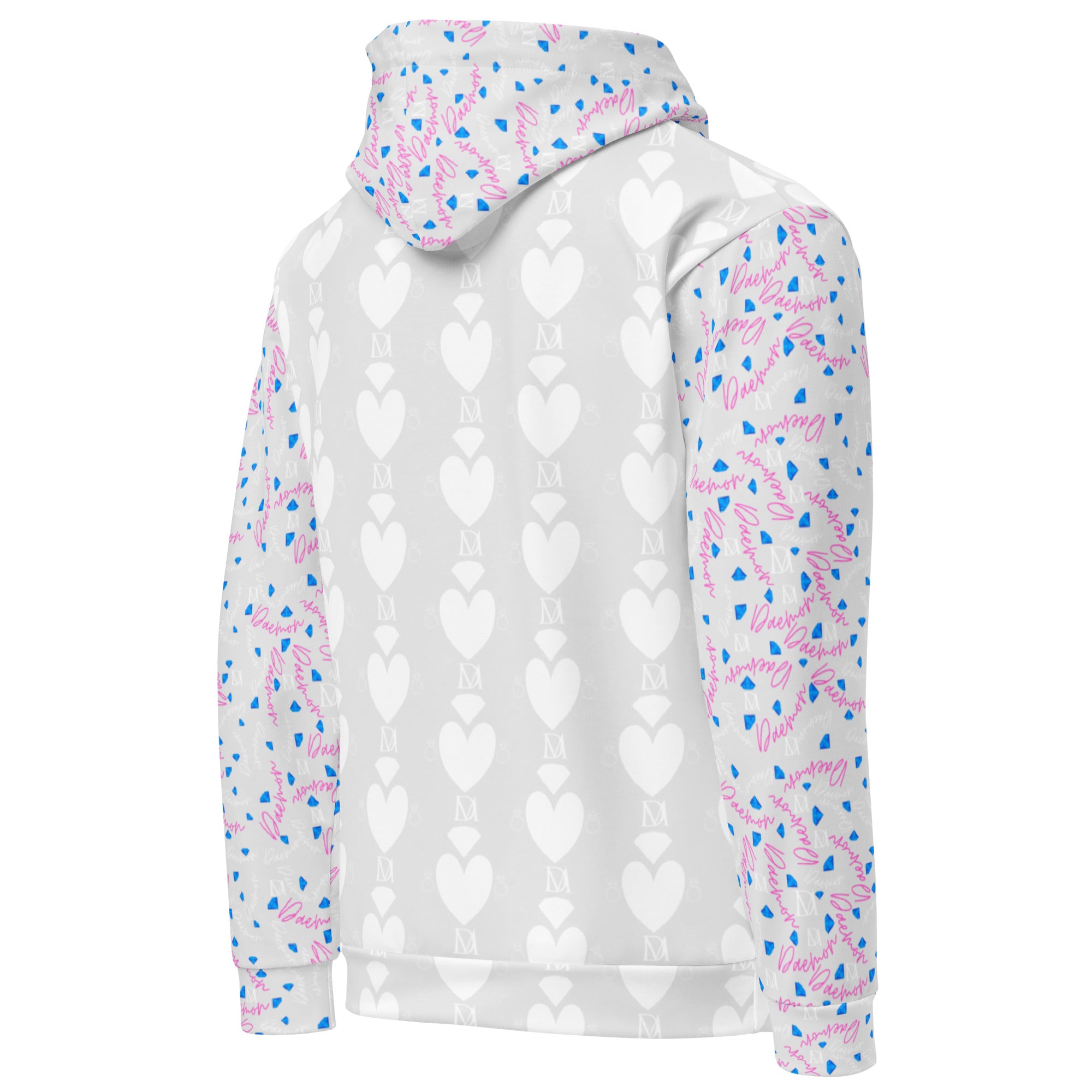 Recycled white unisex hoodie with all-over Picasso Hearts mirror print by Daemon Luxury, featuring a hood and front pocket.