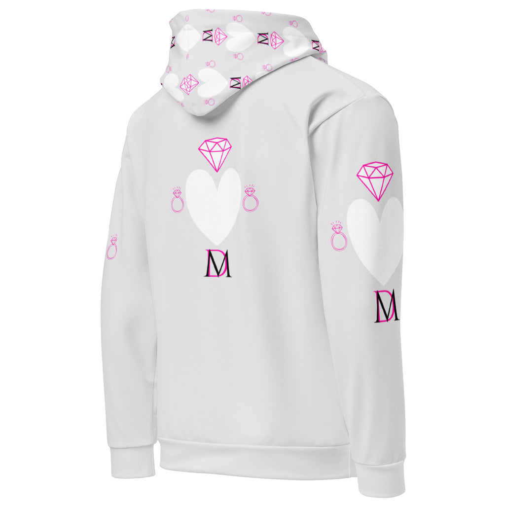 White Daemon Luxury Frosted Hearts unisex hoodie with all-over hearts print, featuring a cozy hood and recycled fabric design.