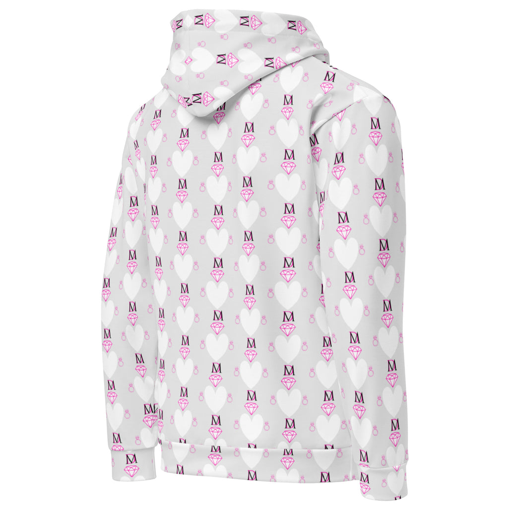 Recycled white unisex hoodie with all-over Frosted Hearts Arctic Spade print by Daemon Luxury, showing the back design.