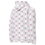 Recycled white unisex hoodie with all-over Frosted Hearts Arctic Spade print by Daemon Luxury, showing the back design.