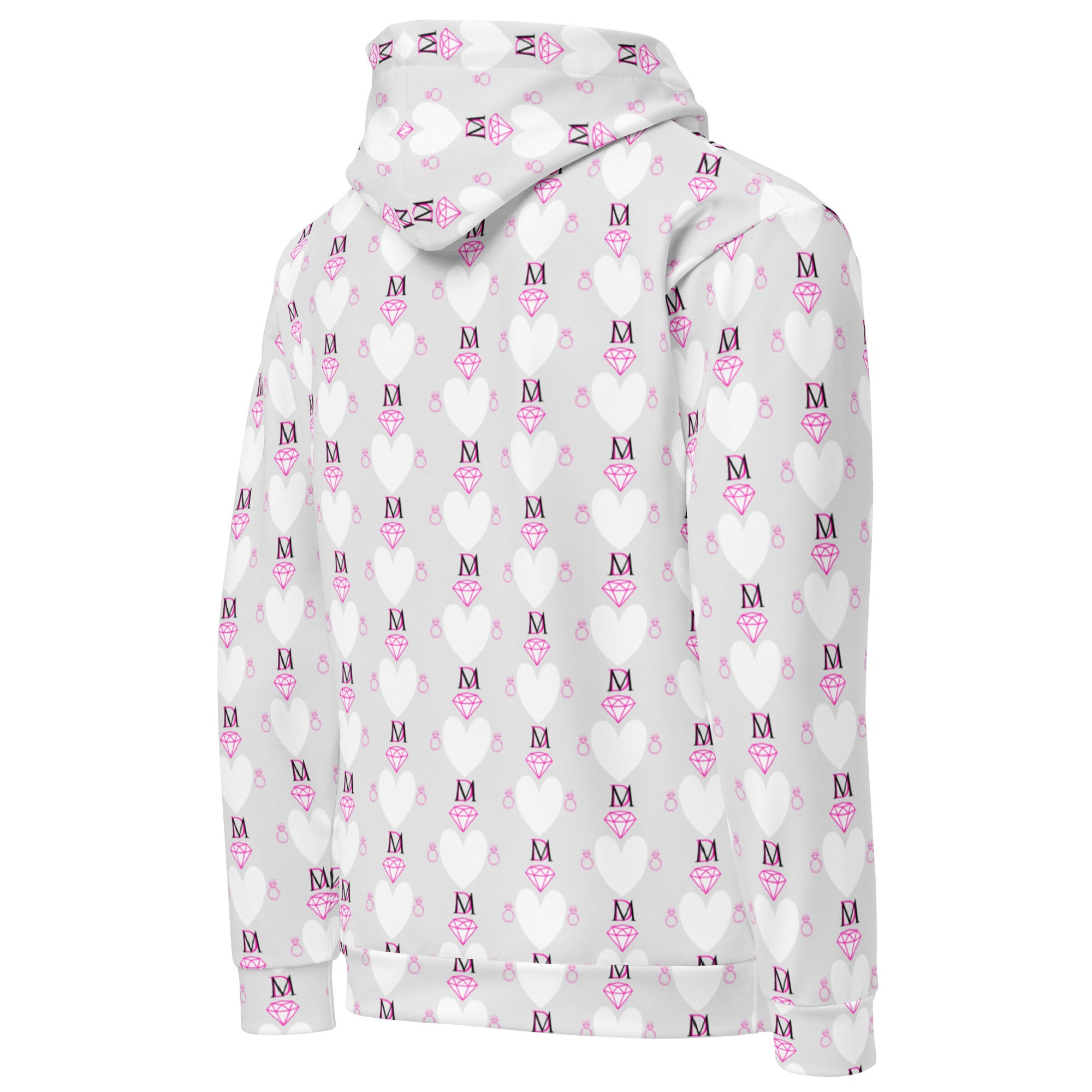 Recycled white unisex hoodie with all-over Frosted Hearts Arctic Spade print by Daemon Luxury, showing the back design.