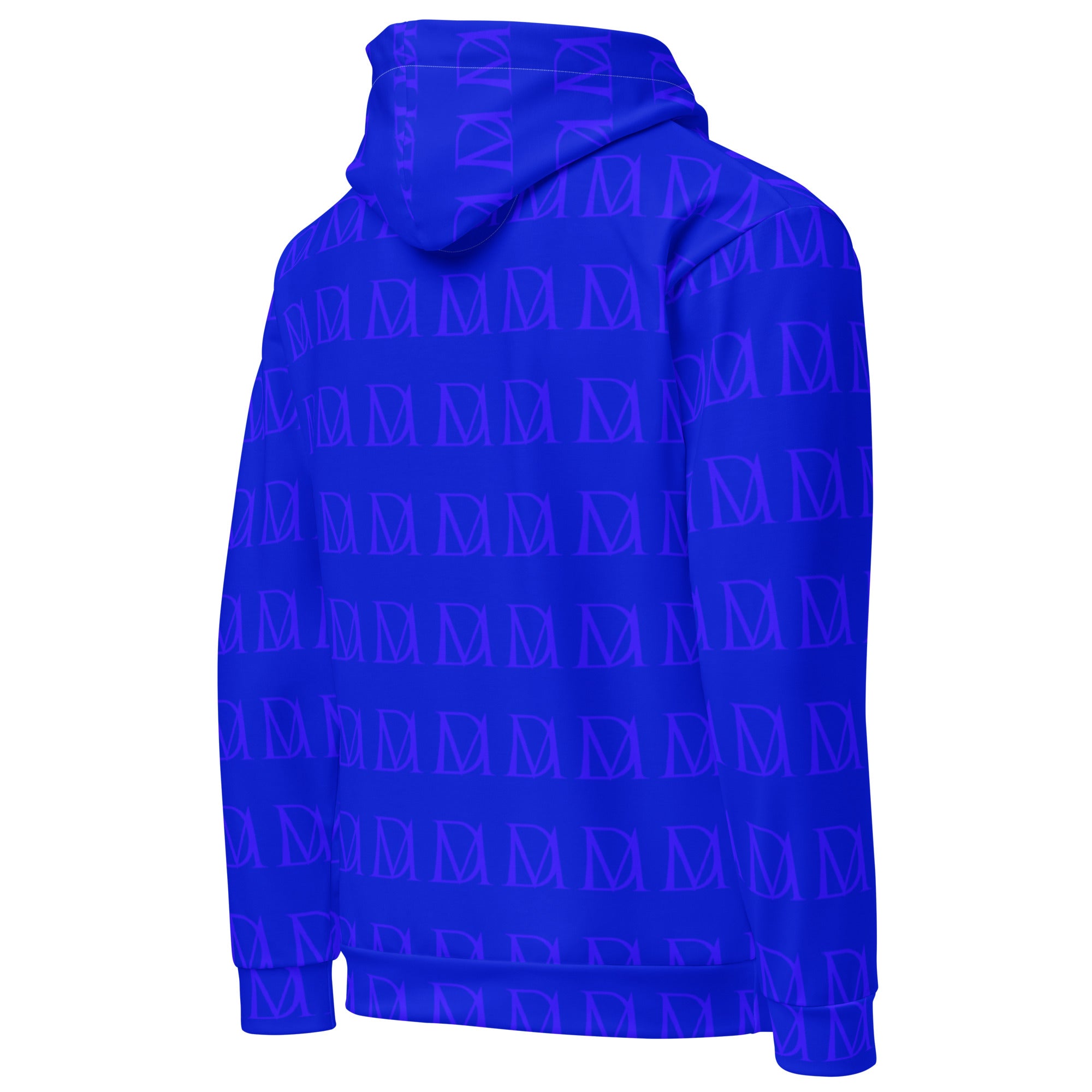 Unisex white hooded sweatshirt with electrical indigo all-over recycled print by Daemon Luxury, shown from the right back view.