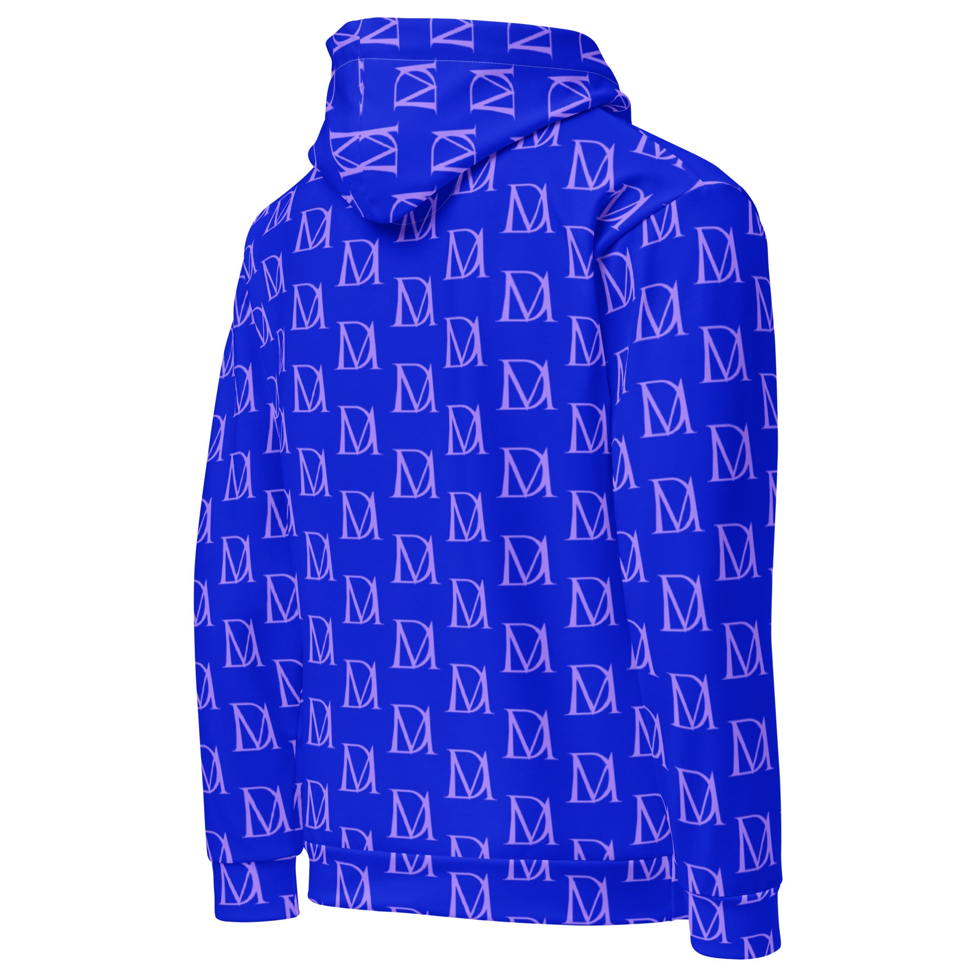 Daemon Luxury Electrica Lilac Relay unisex hoodie with all-over recycled print, white background, right-back view.
