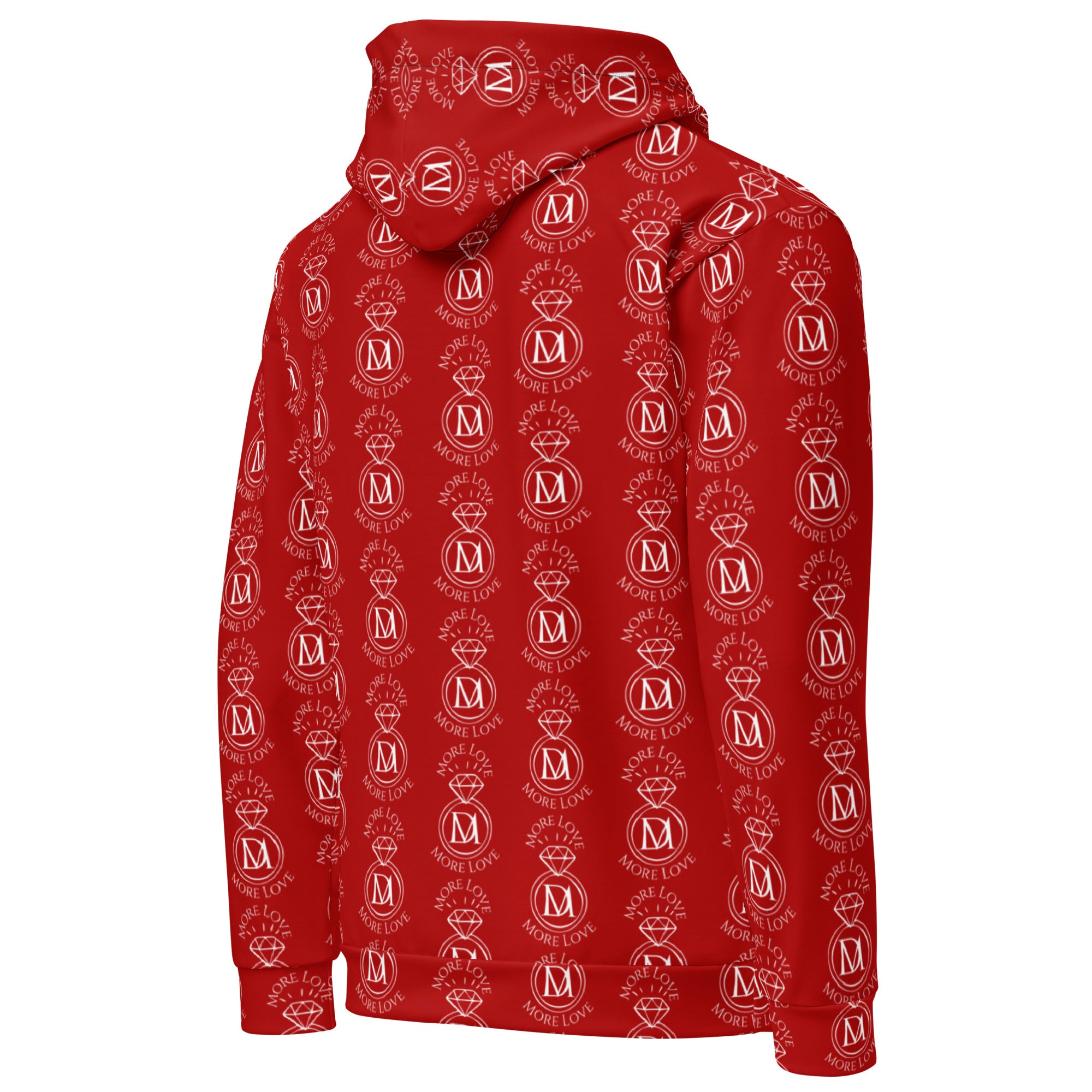 Daemon Luxury SUPREME MODELS initial ringers hoodie, white recycled unisex hoodie with all-over print, right back view.