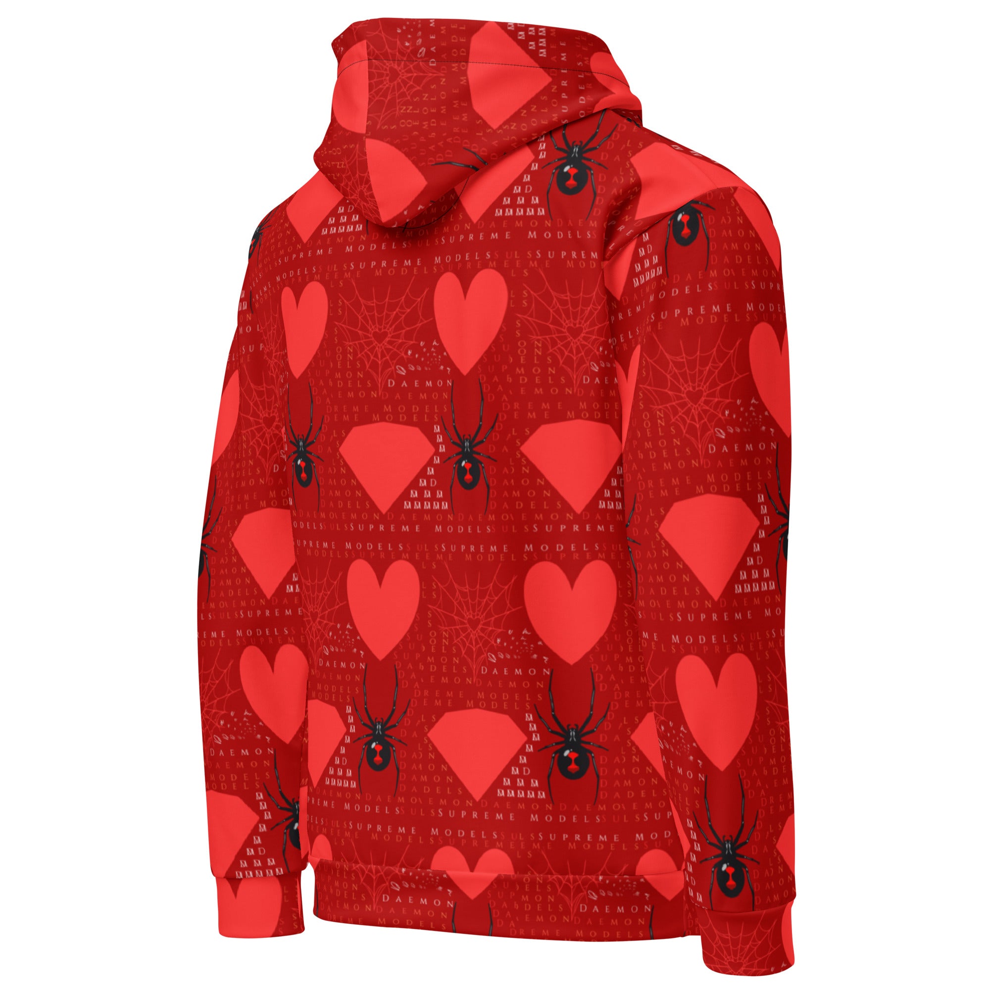 Daemon Luxury SUPREME MODELS all-over-print unisex hoodie with a white background, featuring a bold foreigners luv design on the back.