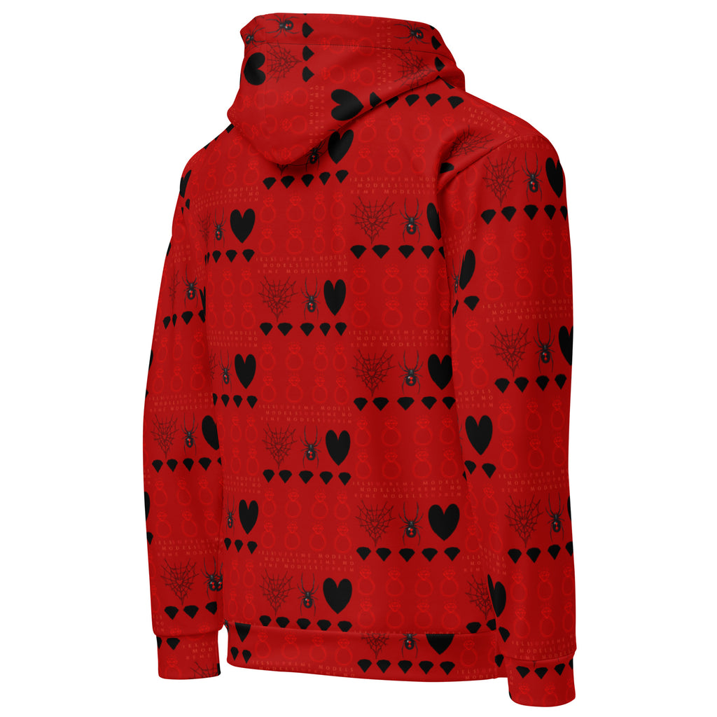 Daemon Luxury Supreme Models More Less Love II white recycled unisex hoodie with all-over print, showing the back view.