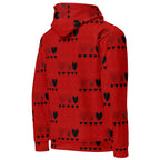 Daemon Luxury Supreme Models More Less Love II white recycled unisex hoodie with all-over print, showing the back view.