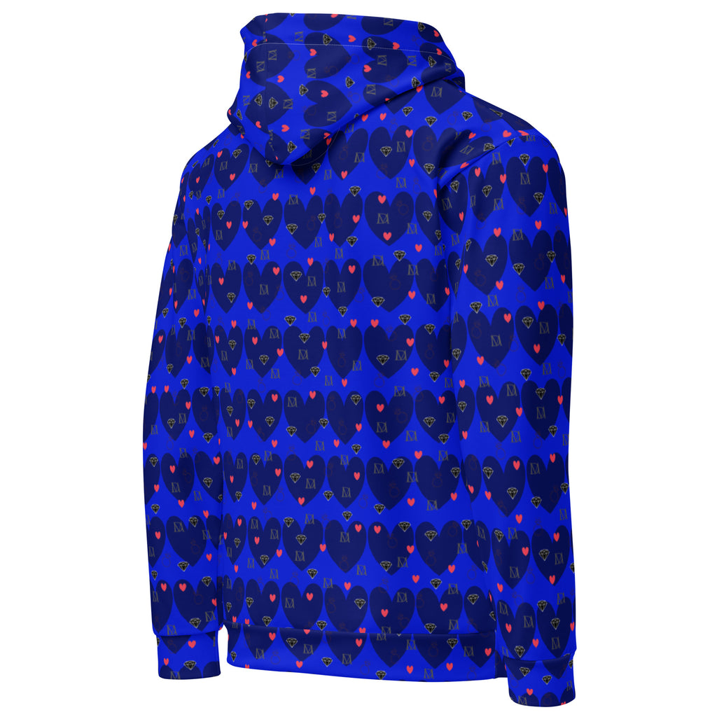 White recycled unisex hoodie with all-over heartful print and Daemon Luxury branding, showing the right back view.