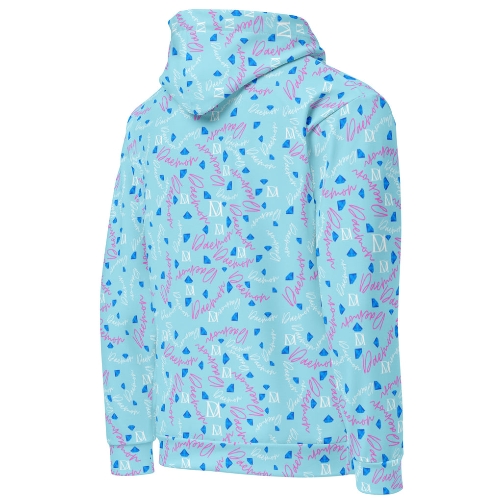 Recycled white unisex hoodie with all-over Picasso Mirrors Lakes print by Daemon Luxury, showing the back view.