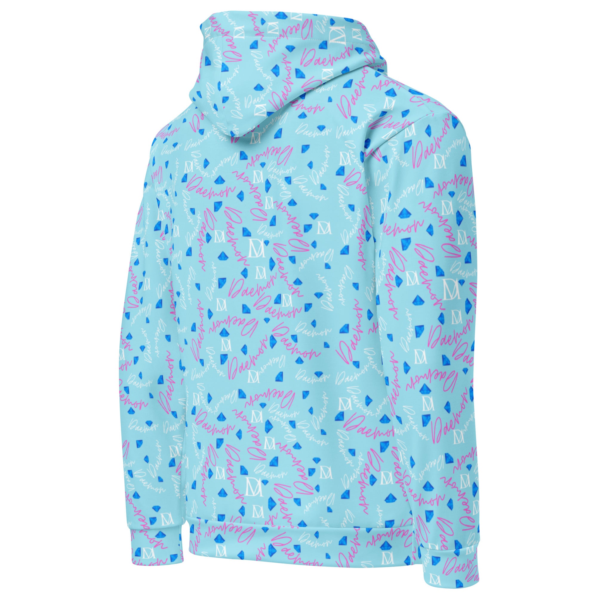 Recycled white unisex hoodie with all-over Picasso Mirrors Lakes print by Daemon Luxury, showing the back view.