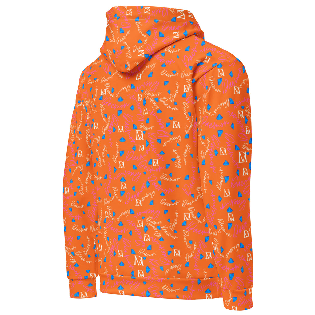 Daemon Luxury Picasso Mirros Rays Crush unisex recycled hoodie with all-over white print, featuring vibrant artistic design on the back.