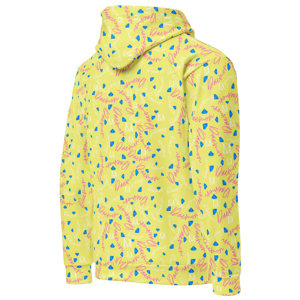 Daemon Luxury Picasso Mirrors Moonstar unisex hoodie with all-over recycled print, white fabric, showing the back view.