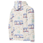 White Honeybee Intel forecast hoodie by Daemon Luxury, all-over recycled print, unisex design, back view.