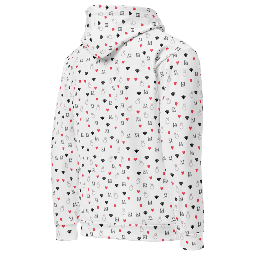 Unisex white hoodie with speckled diamond moon print from Daemon Luxury, featuring a cozy hood and all-over recycled fabric design.