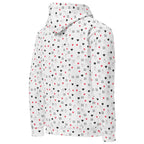 Unisex white hoodie with speckled diamond moon print from Daemon Luxury, featuring a cozy hood and all-over recycled fabric design.