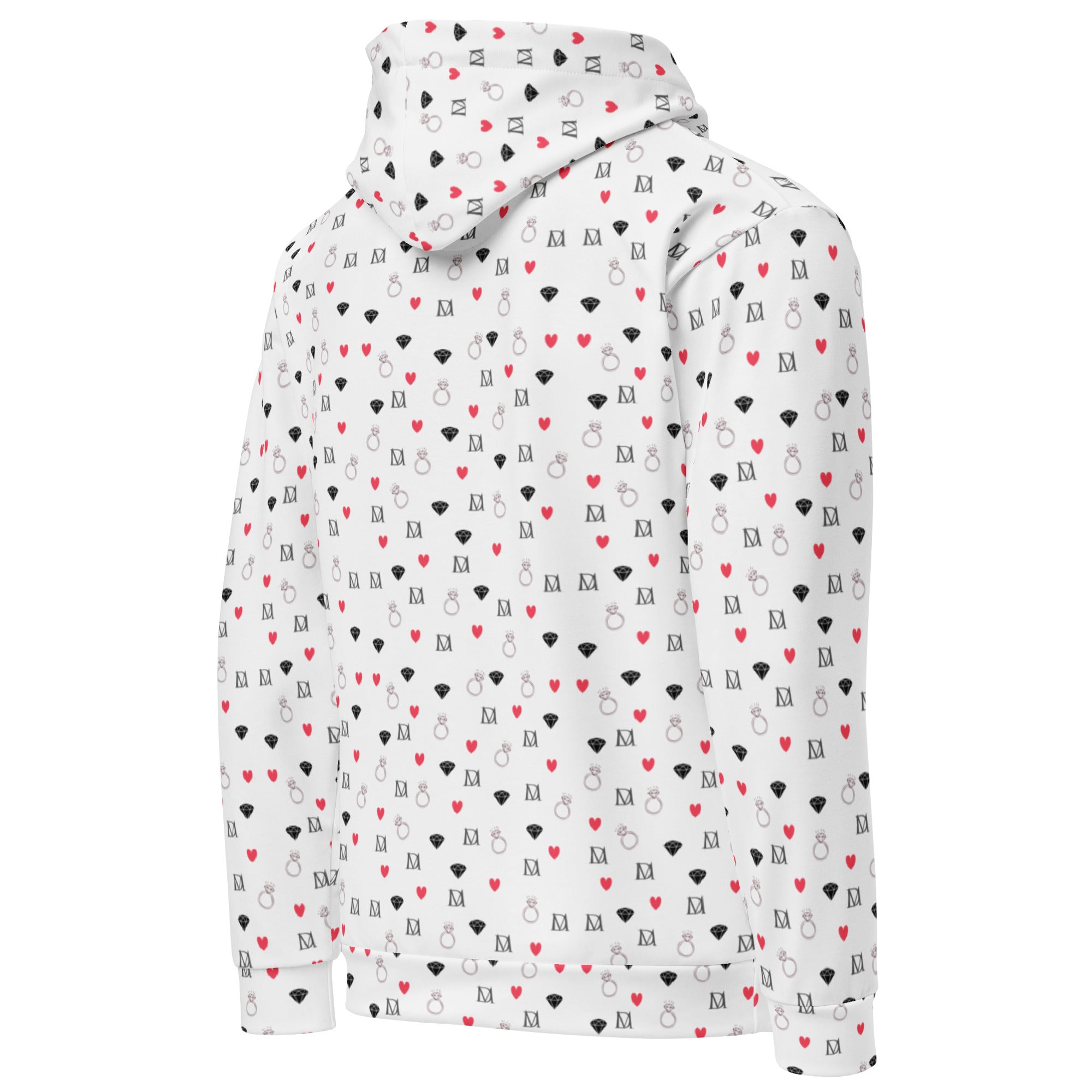 Unisex white hoodie with speckled diamond moon print from Daemon Luxury, featuring a cozy hood and all-over recycled fabric design.
