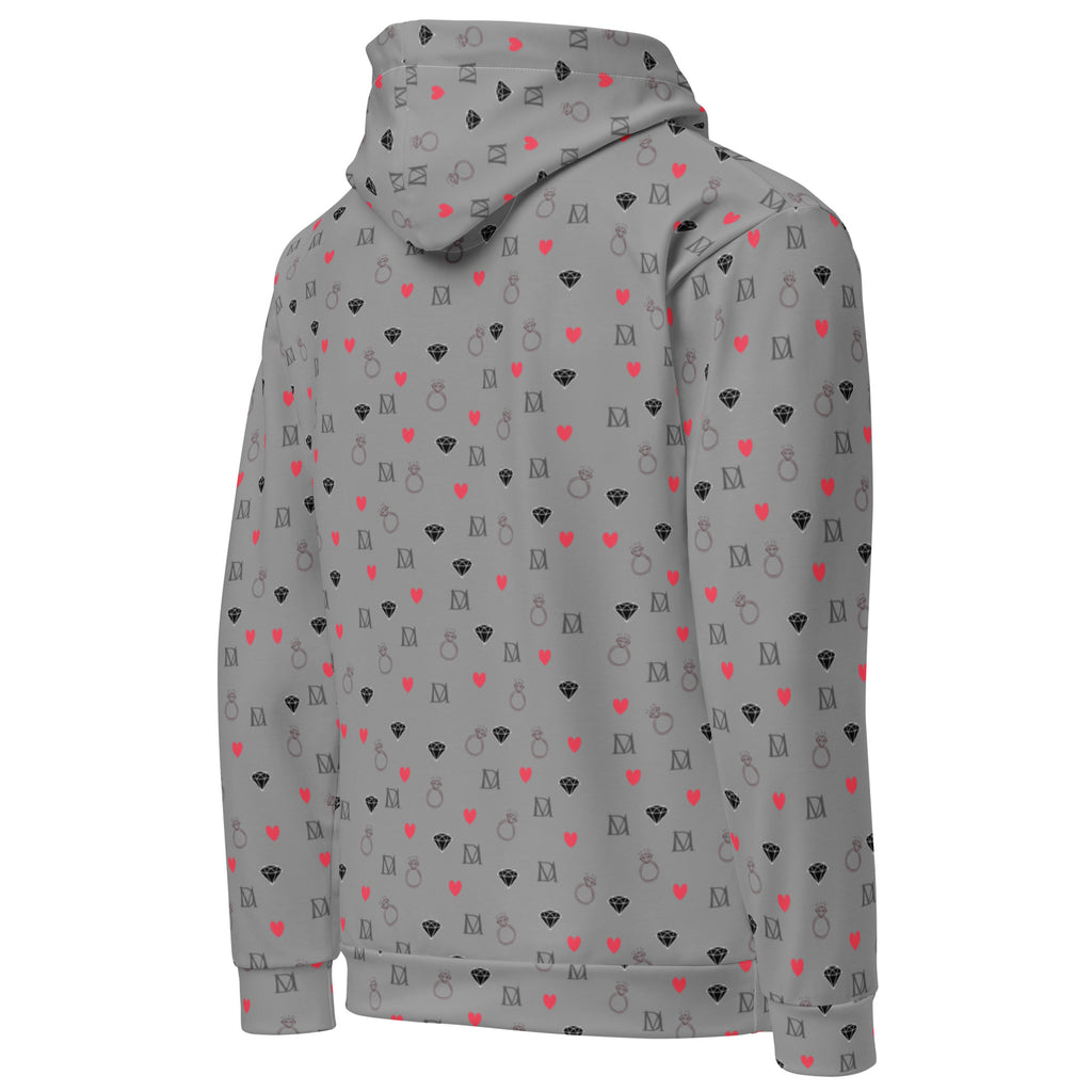 Daemon Luxury speckled diamonds all-over print recycled unisex hoodie in white, featuring subtle gloom design on the back.