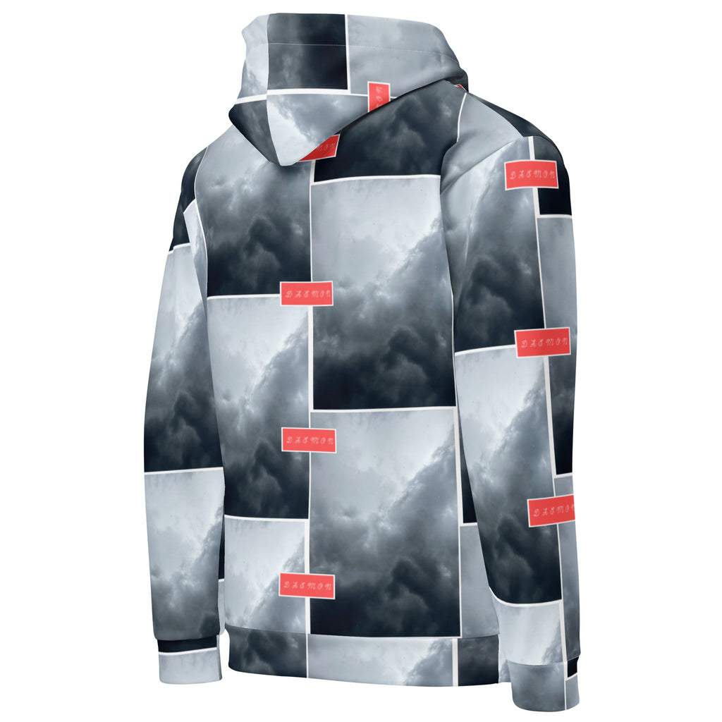 Recycled white unisex hoodie with stitched frame design and all-over print by Daemon Luxury, showing the right back view.