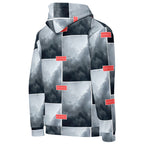 Recycled white unisex hoodie with stitched frame design and all-over print by Daemon Luxury, showing the right back view.