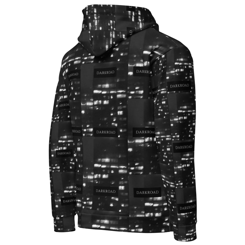Unisex white hoodie with all-over recycled print and Daemon Luxury branding, front and back views of the stylish hooded sweatshirt