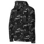 Unisex white hoodie with all-over recycled print and Daemon Luxury branding, front and back views of the stylish hooded sweatshirt