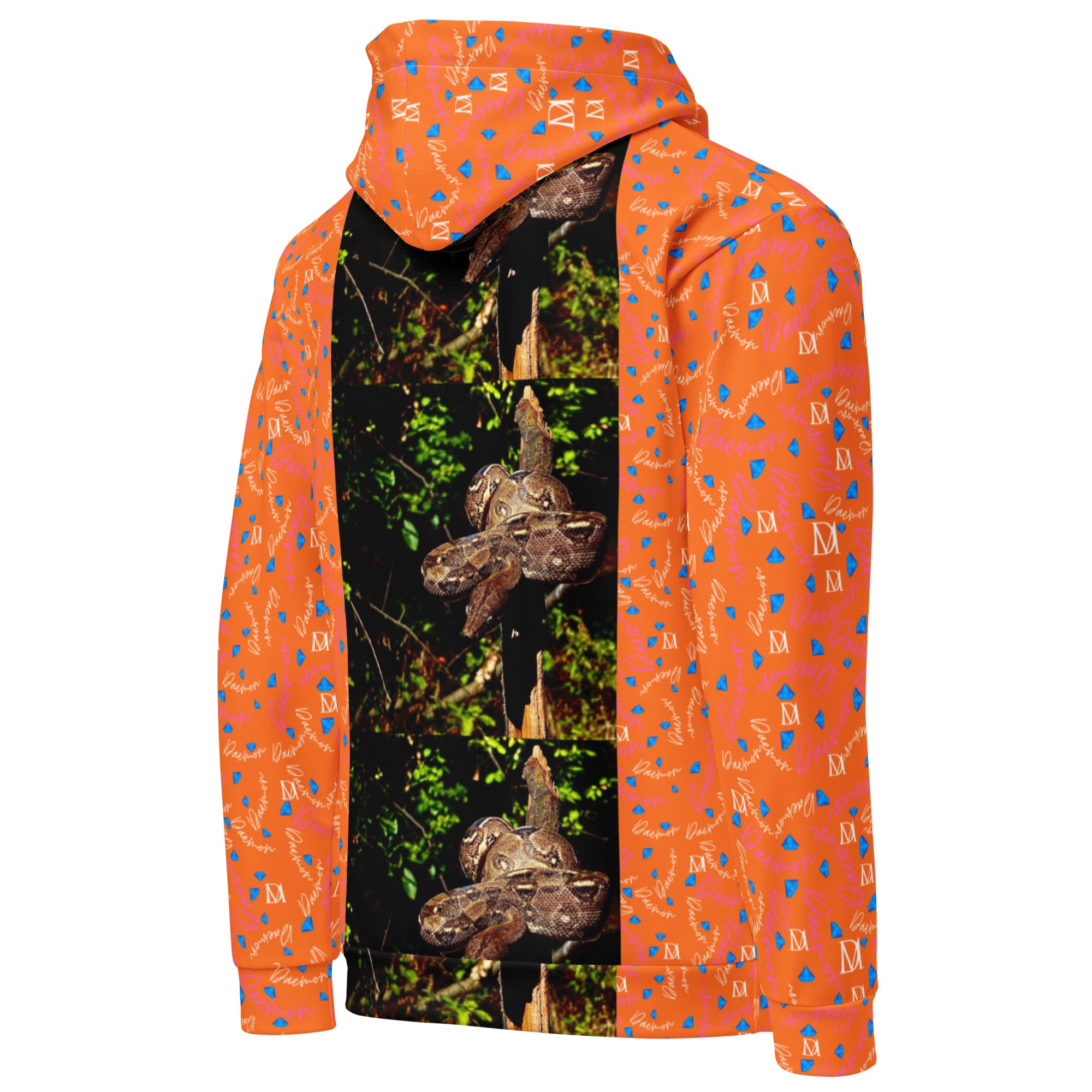 Recycled unisex hoodie featuring all-over serpentine Nicaragua print in white, with a hood and relaxed fit by Daemon Luxury.