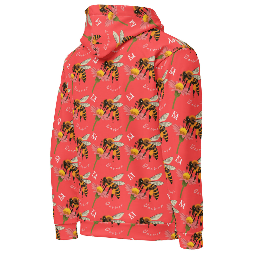 Recycled white unisex hoodie with all-over honeybee and shores print from Daemon Luxury, featuring a hood and relaxed fit.