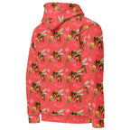 Recycled white unisex hoodie with all-over honeybee and shores print from Daemon Luxury, featuring a hood and relaxed fit.