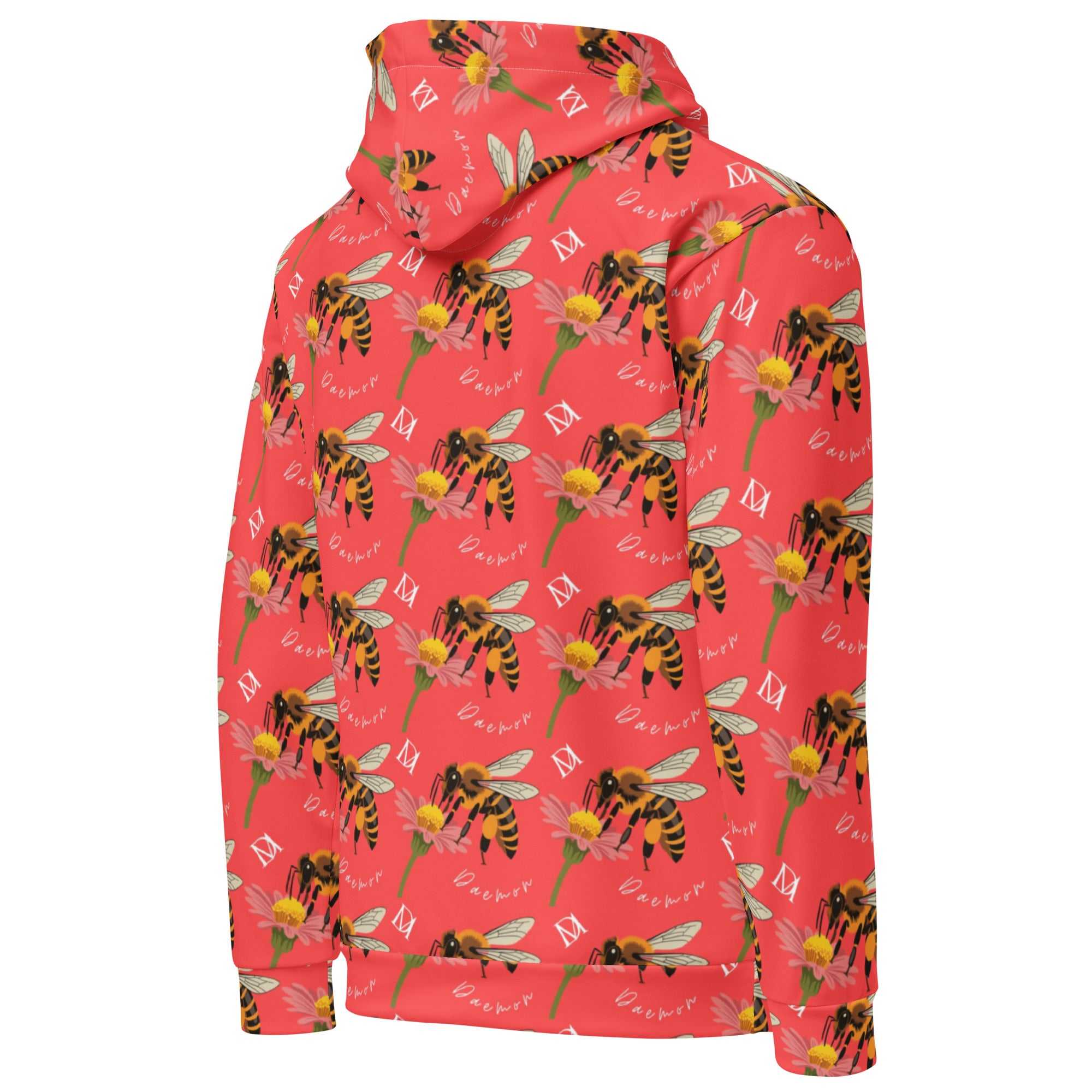 Recycled white unisex hoodie with all-over honeybee and shores print from Daemon Luxury, featuring a hood and relaxed fit.