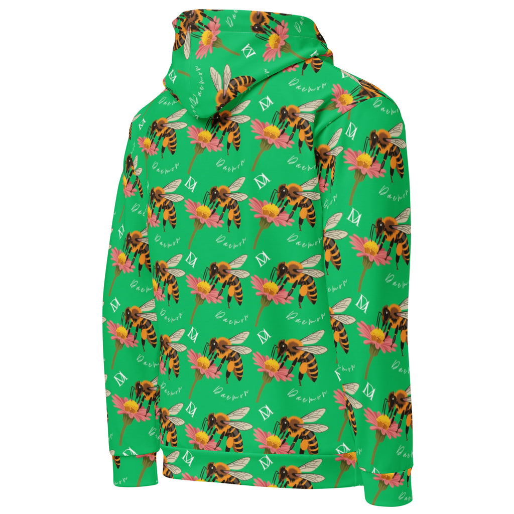 Unisex white recycled hoodie with honeybee shores lucky charm print, featuring a detailed all-over pattern and a hooded design by Daemon Luxury.