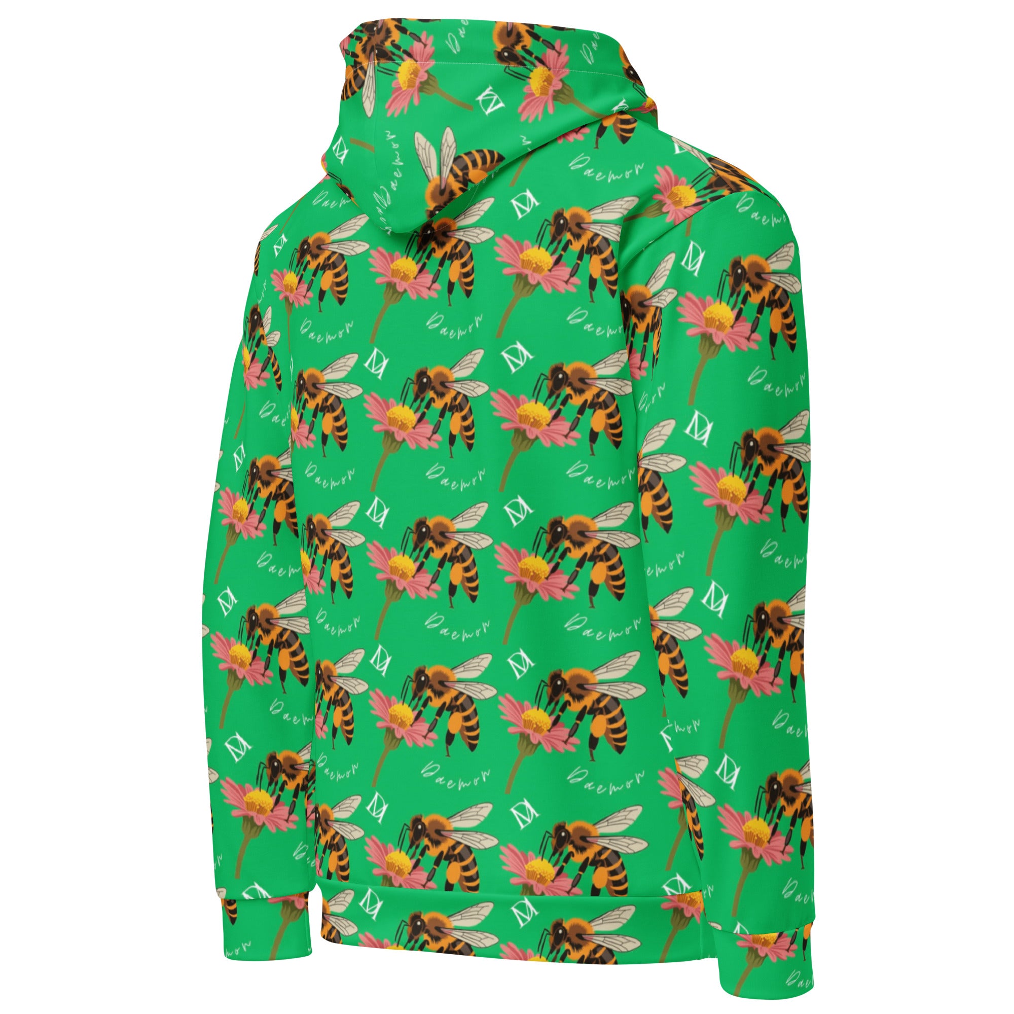 Unisex white recycled hoodie with honeybee shores lucky charm print, featuring a detailed all-over pattern and a hooded design by Daemon Luxury.