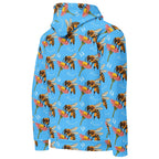 White recycled unisex hoodie featuring all-over Honeybee Shores Pacifica Fever print, with a view of the right back.