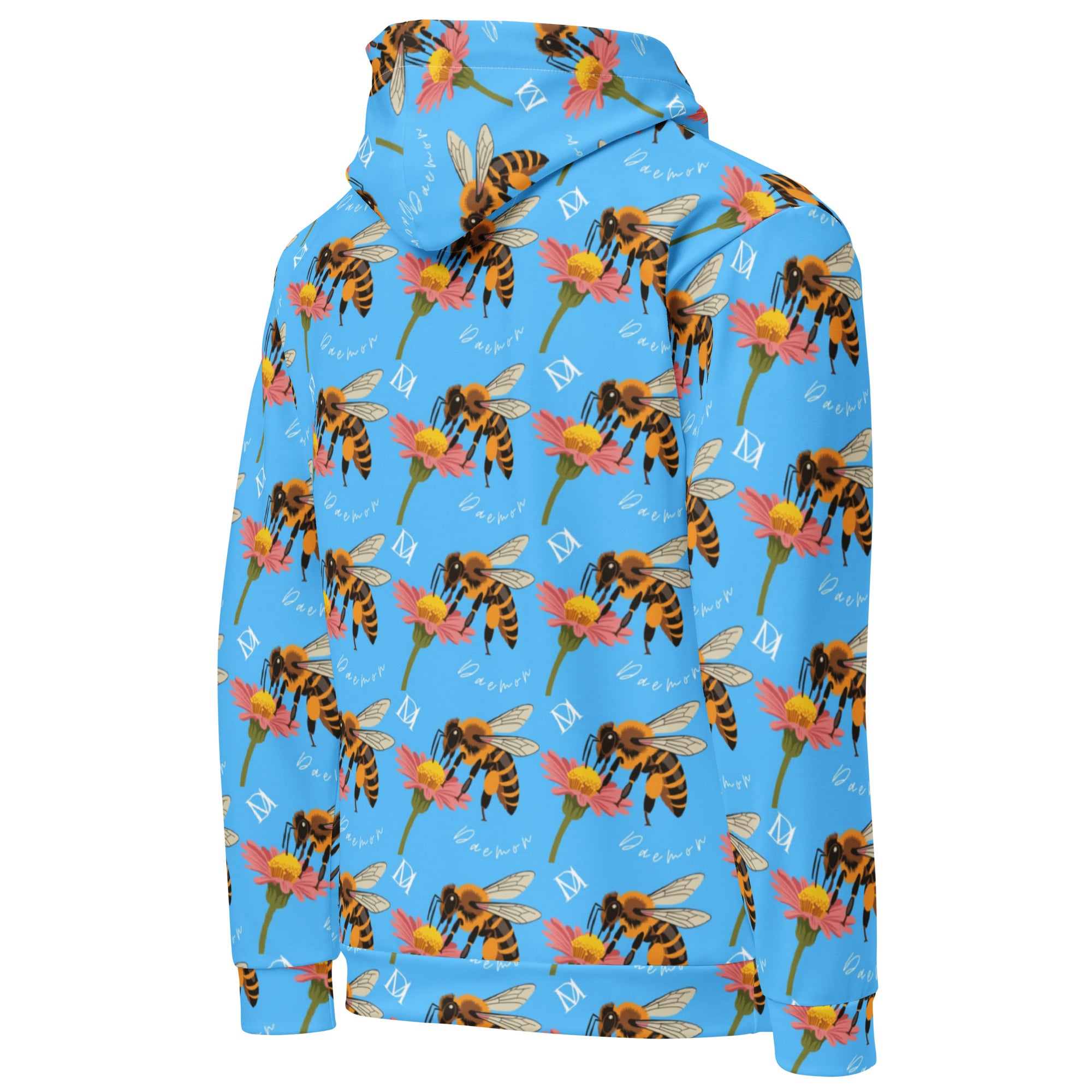 White recycled unisex hoodie featuring all-over Honeybee Shores Pacifica Fever print, with a view of the right back.