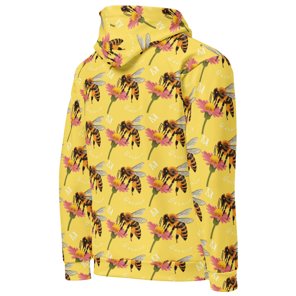All-over print white Daemon Luxury Honeybee Shores solo star unisex hoodie with recycled fabric, showing the right back view