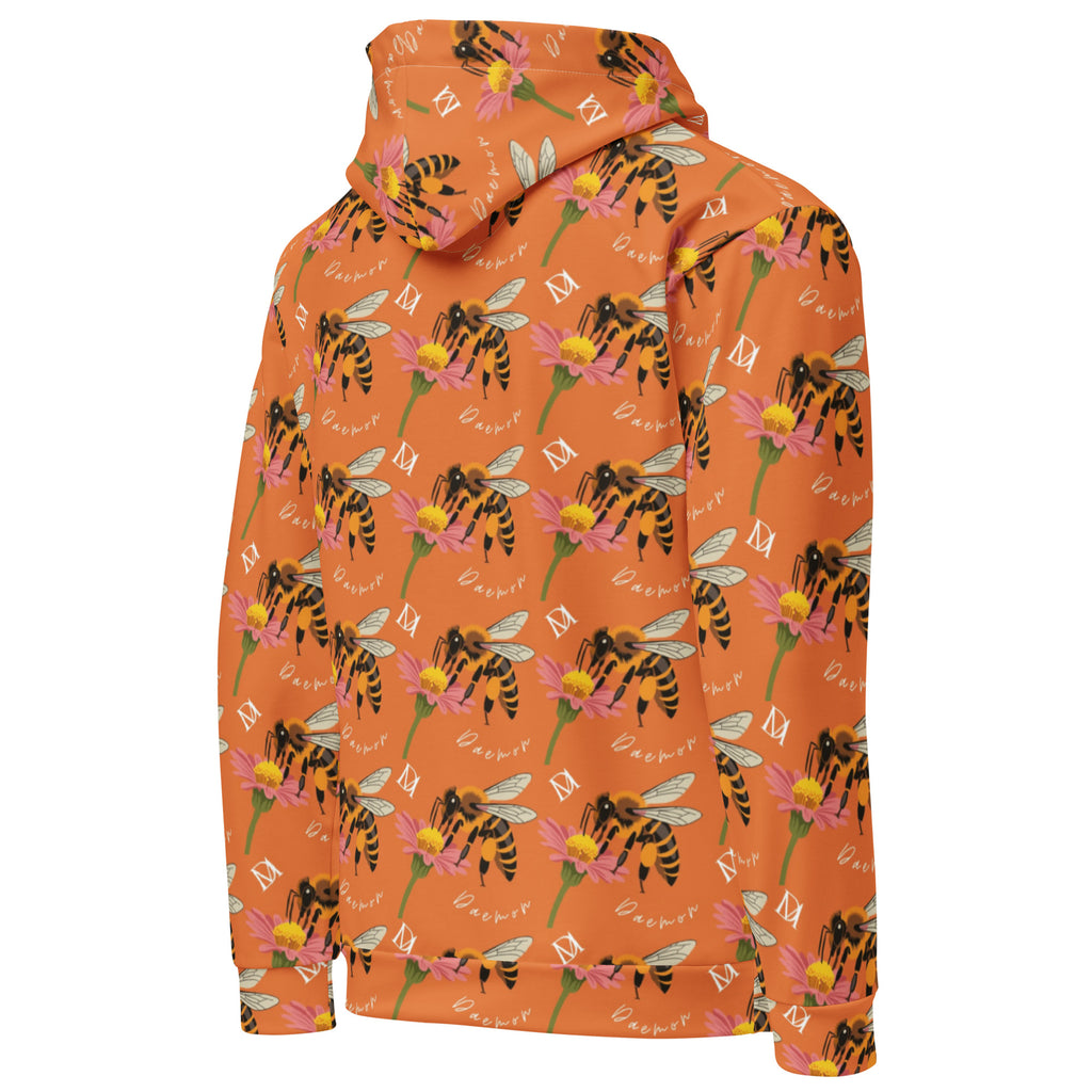 Unisex white hoodie with all-over Honeybee Shores Golden Hour print by Daemon Luxury, featuring a relaxed fit and hood.