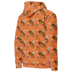 Unisex white hoodie with all-over Honeybee Shores Golden Hour print by Daemon Luxury, featuring a relaxed fit and hood.