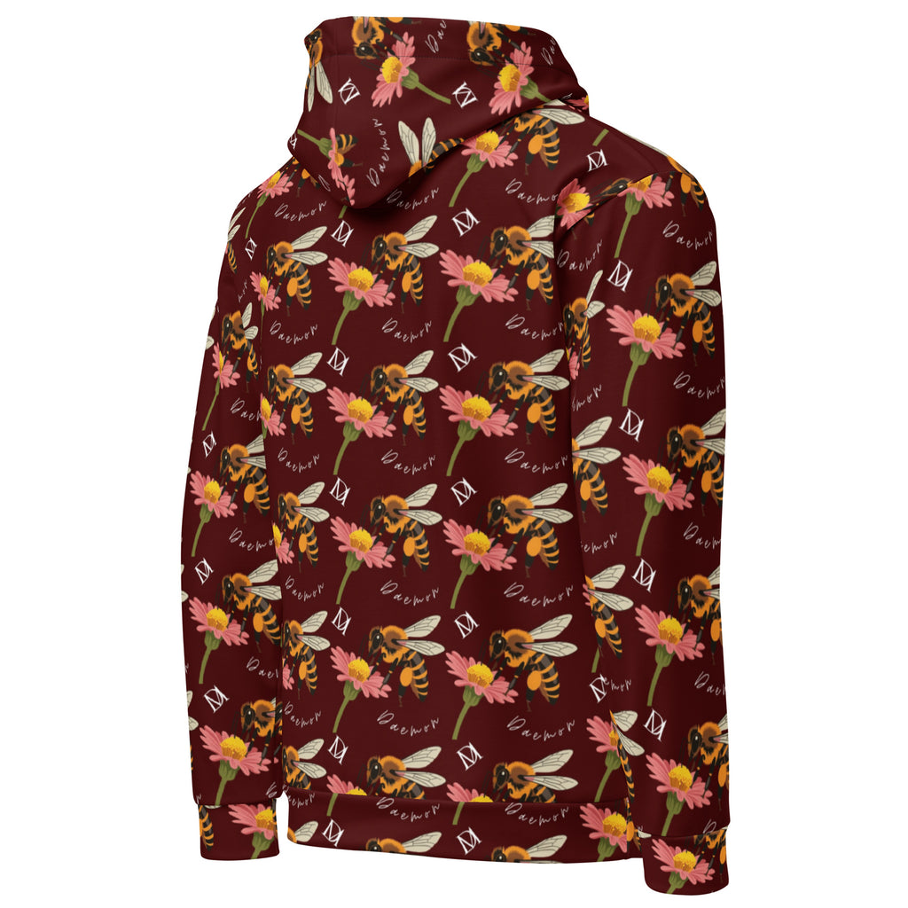 White unisex hoodie with all-over honeybee Shores Gardena Dawn print, featuring a hood and casual fit by Daemon Luxury.