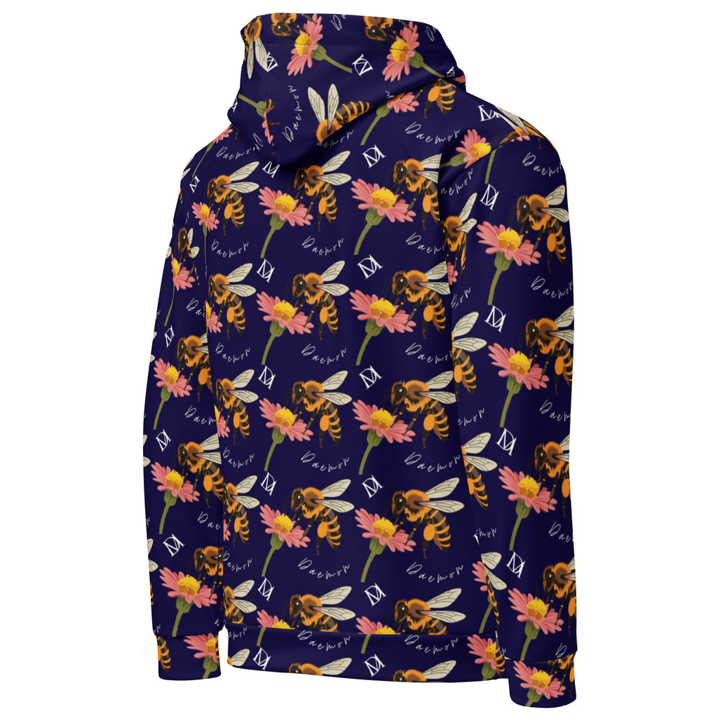 Recycled white unisex hoodie with all-over print featuring Honeybee Shores (Gardena Oceanic) design by Daemon Luxury, back view