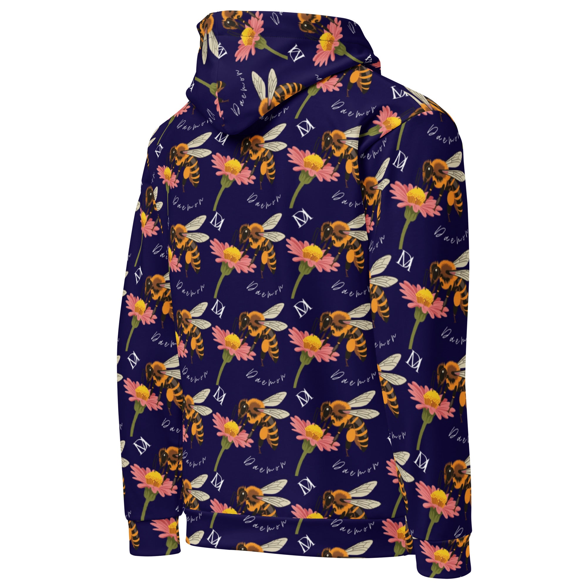 Recycled white unisex hoodie with all-over print featuring Honeybee Shores (Gardena Oceanic) design by Daemon Luxury, back view