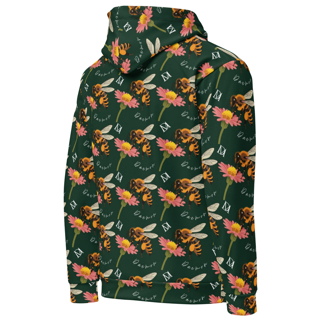 Daemon Luxury Honeybee Shores Felpa Cappuccio hoodie with all-over white print, unisex recycled fabric, right-back view