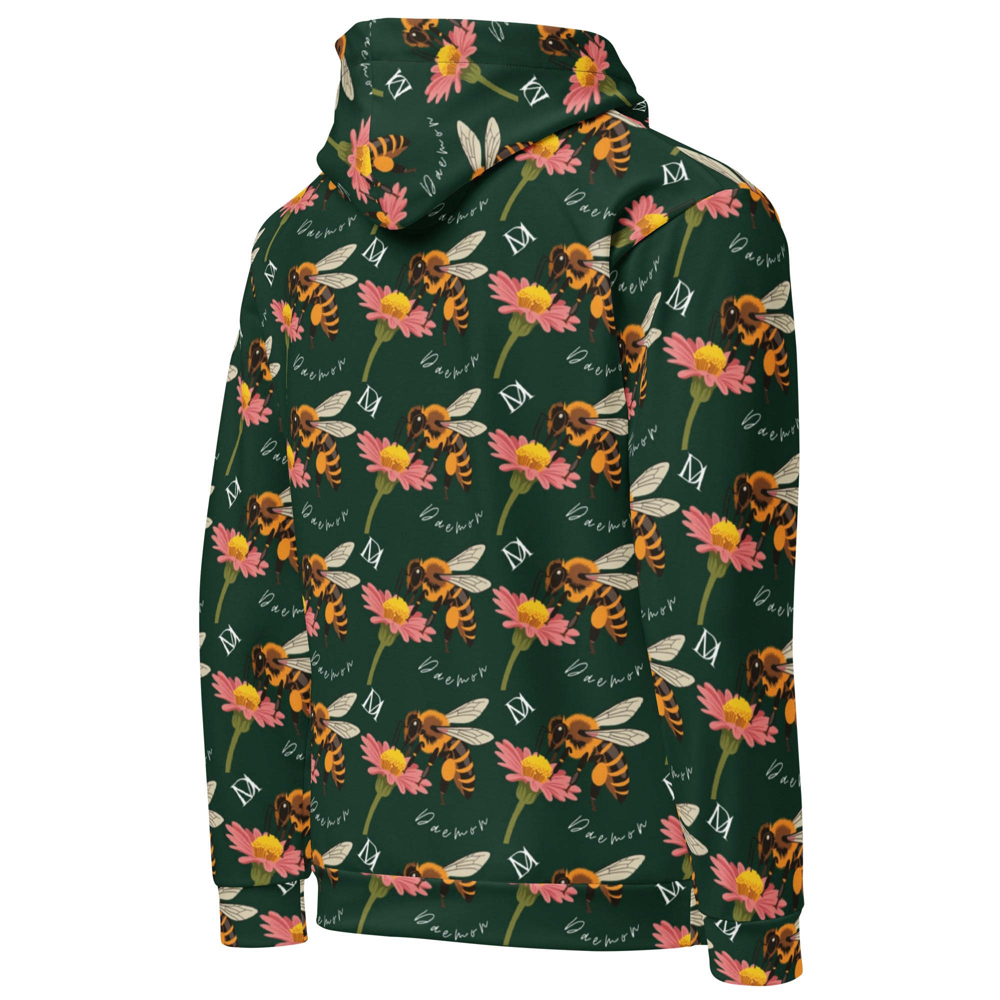 Daemon Luxury Honeybee Shores Felpa Cappuccio hoodie with all-over white print, unisex recycled fabric, right-back view